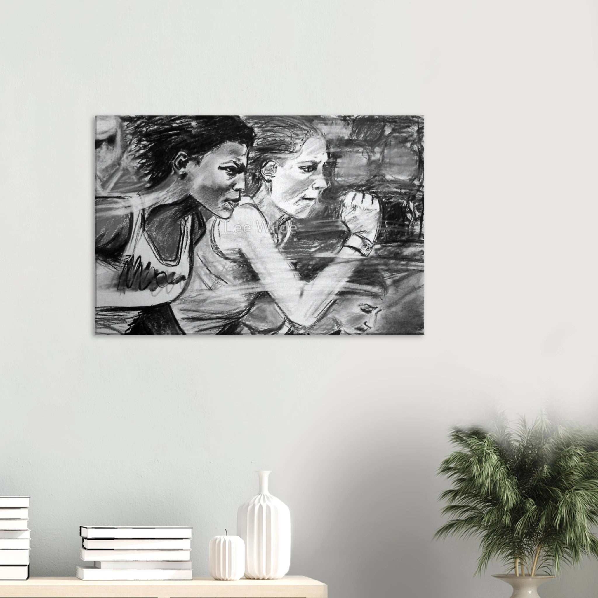 Charcoal sketch of intense female runners sprinting in a race with focused expressions