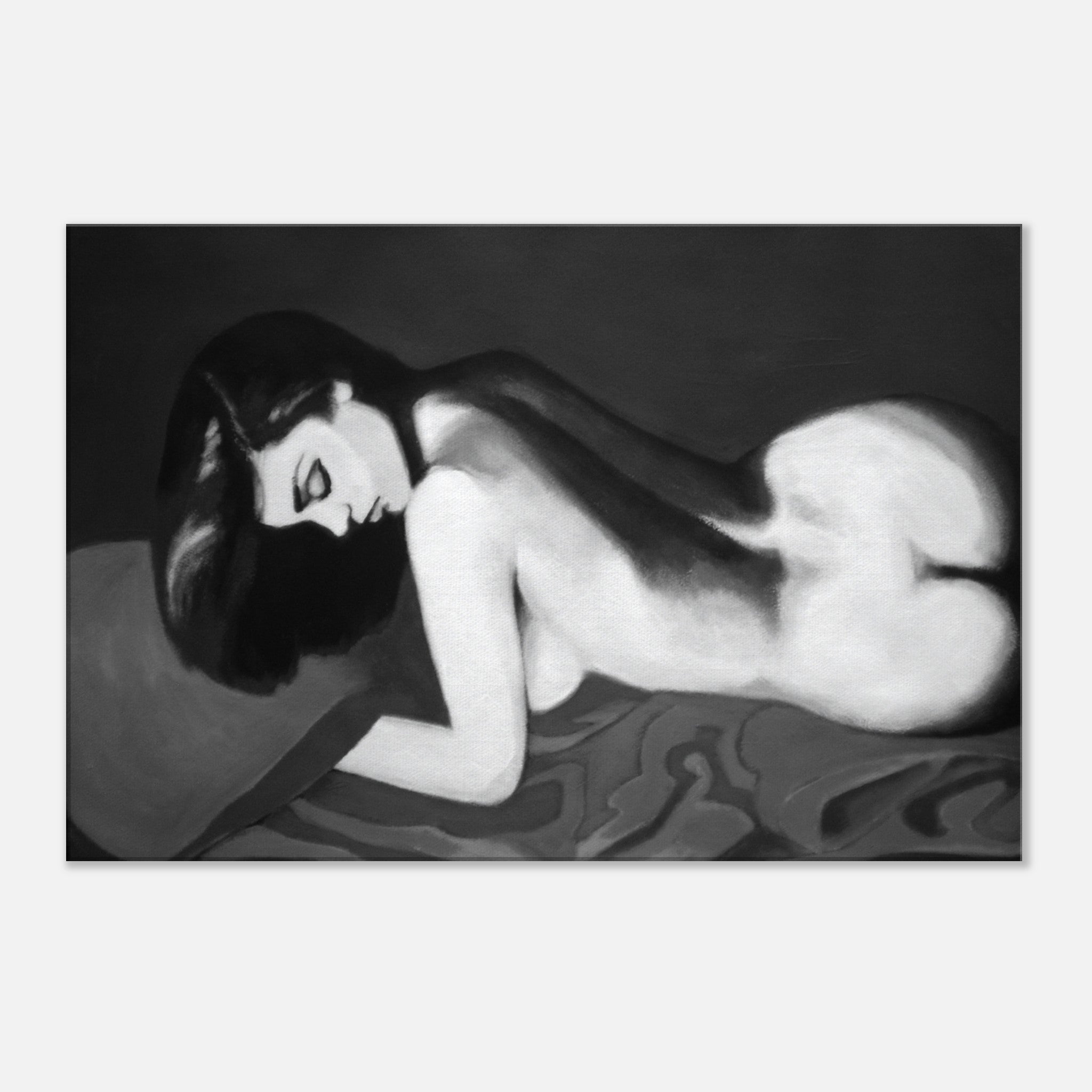 Black and white painting of a nude woman lying on her side with long dark hair on patterned fabric