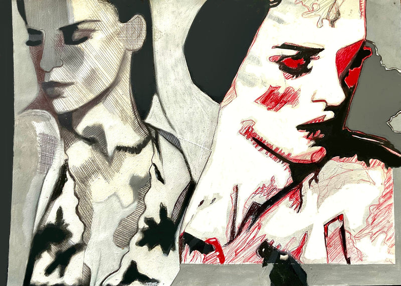 Two expressive female faces side by side: one rendered in grayscale with textured ink shading, the other abstracted in bold red and black acrylic and collage on Arches paper.